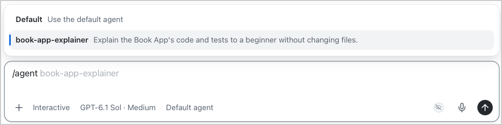 The /agent suggestions with book-app-explainer highlighted and its read-only description visible